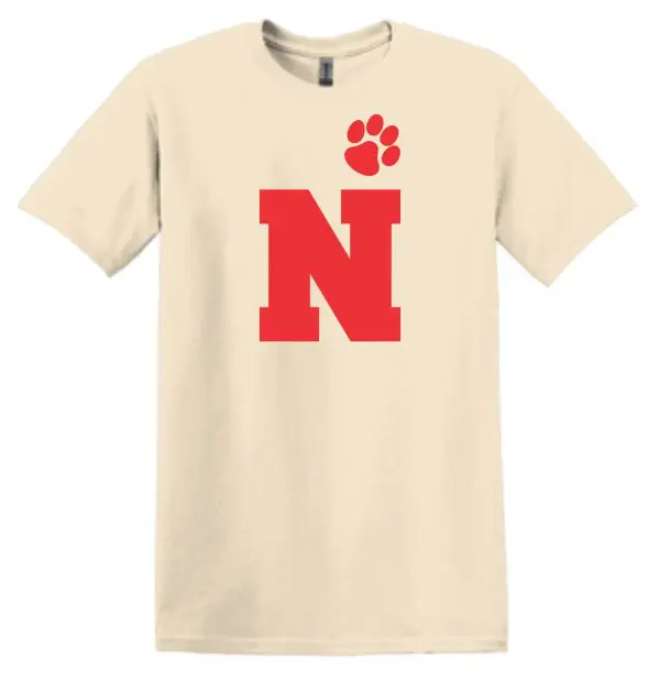 Noe Middle School Track Softstyle Adult ONLY Natural T G64000 with a large red letter "n" and a small red paw print above it, displayed on a white background.