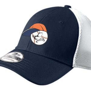 Blue and white baseball cap with angry ball logo.