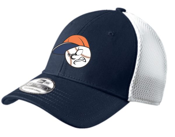 Blue and white baseball cap with angry ball logo.