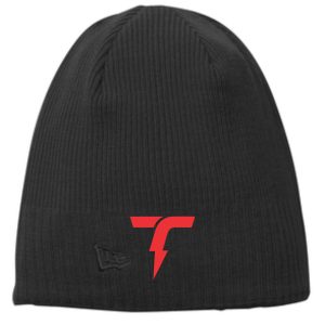 Thomson Training Black NE900 Beanie hat with a red lightning bolt logo on the front and a small square logo tag on the side.