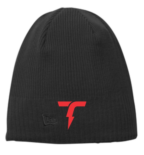 Thomson Training Black NE900 Beanie hat with a red lightning bolt logo on the front and a small square logo tag on the side.