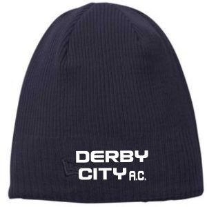 Navy blue Derby City AC NE900 beanie with the text "derby city a.c." in white bold letters on the front.