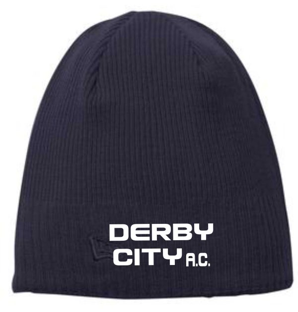 Navy blue Derby City AC NE900 beanie with the text "derby city a.c." in white bold letters on the front.