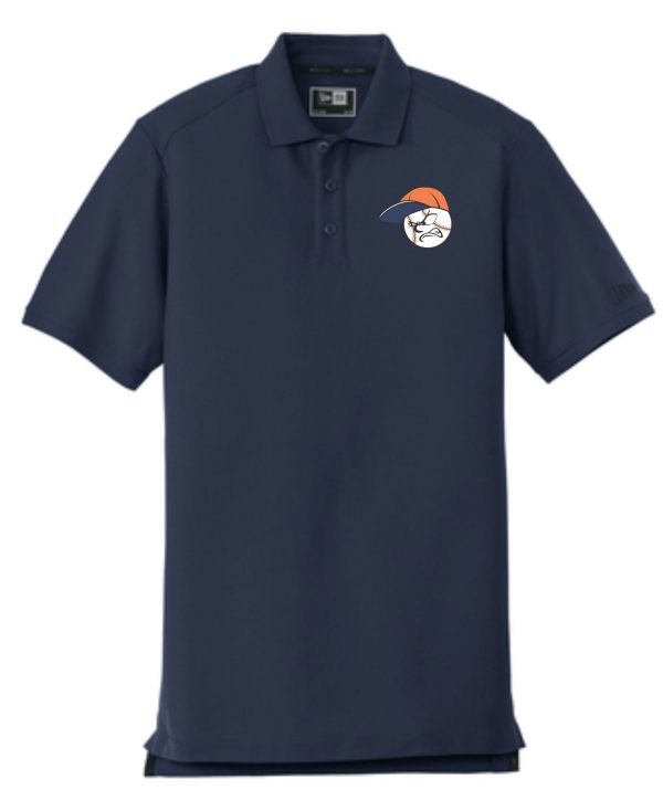 Navy blue polo shirt with baseball logo.