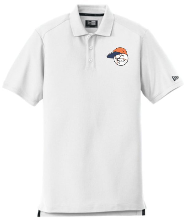 White polo shirt with baseball mascot logo.