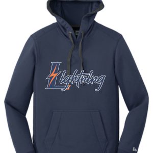 Navy blue hoodie with lightning logo.