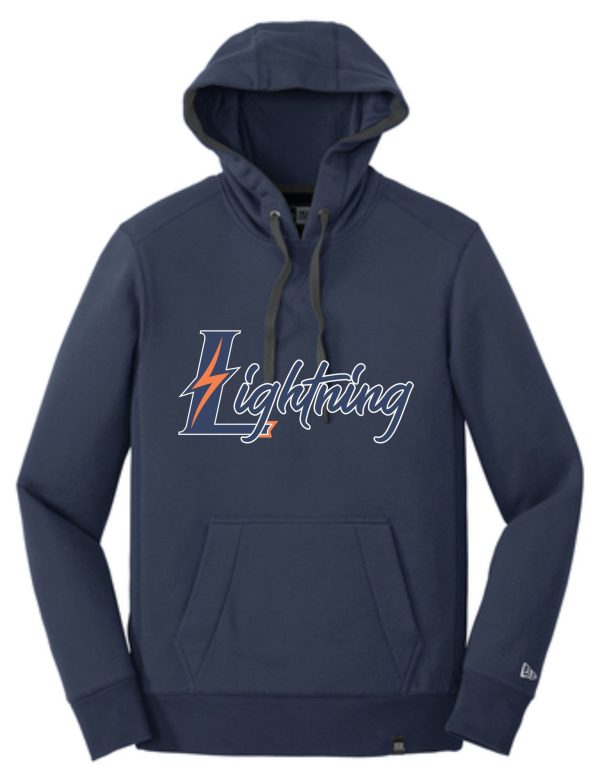 Navy blue hoodie with lightning logo.