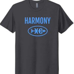 A Harmony XC Mens Solid Graphite Tshirt NL6010 featuring the word "harmony" in blue capital letters above a stylized blue logo with the letters "xc" inside an oval.