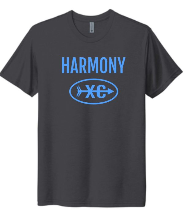 A Harmony XC Mens Solid Graphite Tshirt NL6010 featuring the word "harmony" in blue capital letters above a stylized blue logo with the letters "xc" inside an oval.