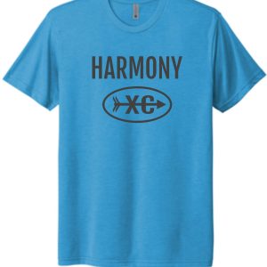 Turquoise t-shirt with the word "harmony" and a logo featuring an oval with "xg" written inside it.