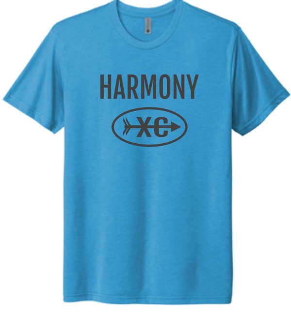 Turquoise t-shirt with the word "harmony" and a logo featuring an oval with "xg" written inside it.