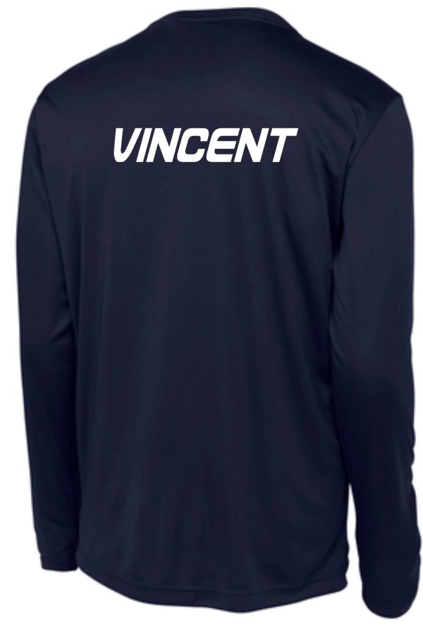 Back view of a OCYFL Bears Long Sleeve T shirt G540 with the name "vincent" printed in white uppercase letters across the upper back.