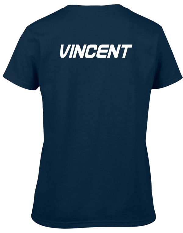 Derby City AC PC380 Navy t-shirt with the word "vincent" printed in white capital letters across the back.