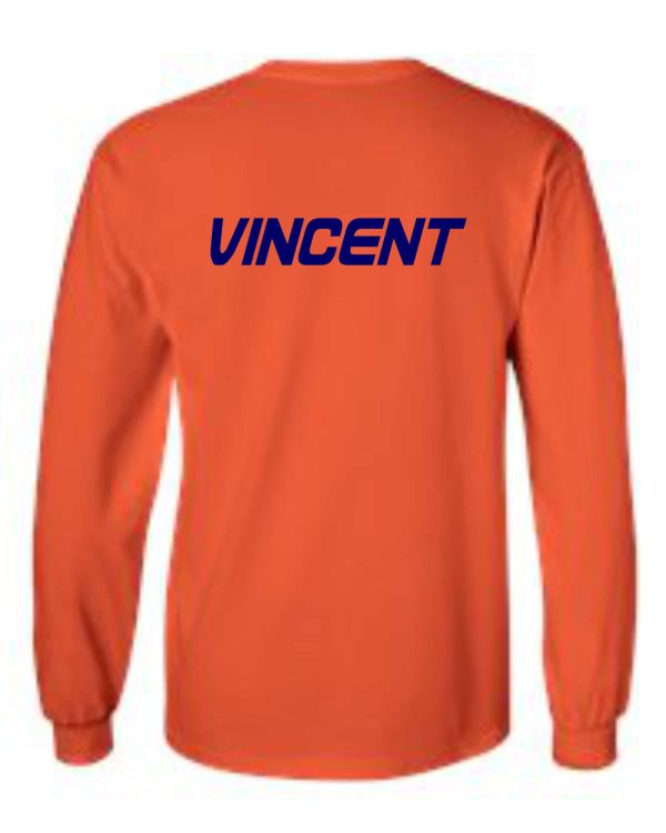 Derby City DCAC Orange Long Sleeve cotton Tshirt G2400 with the name "vincent" printed in bold blue letters on the back.