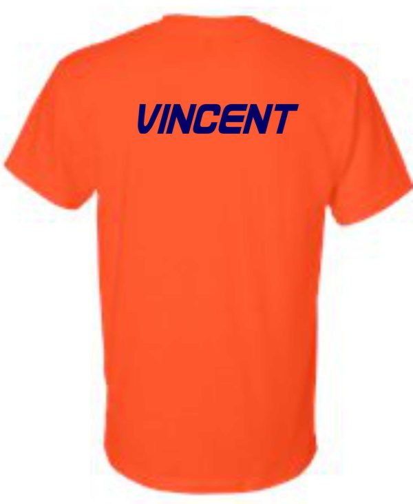 Derby City AC PC380 Orange t-shirt with the name "vincent" printed in large blue letters on the back.