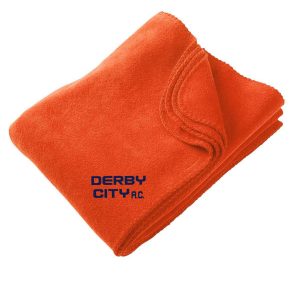 Orange embroidered fleece stadium blanket folded neatly with the text "Derby City AC" printed in black on the lower corner.