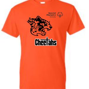 Louisville Cheetahs Orange T-shirt with a black cheetah graphic and the text "cheetahs" below it, along with a "special olympics kentucky" logo on the right shoulder.