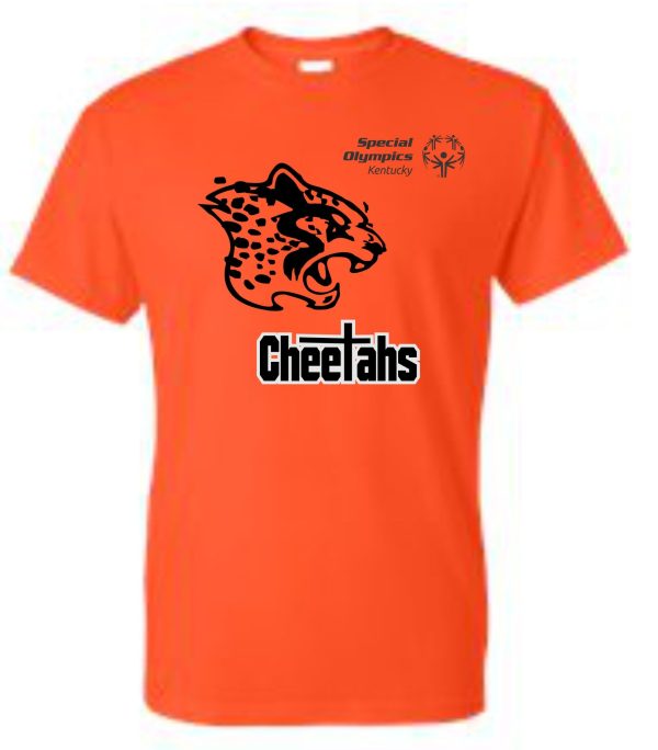 Louisville Cheetahs Orange T-shirt with a black cheetah graphic and the text "cheetahs" below it, along with a "special olympics kentucky" logo on the right shoulder.