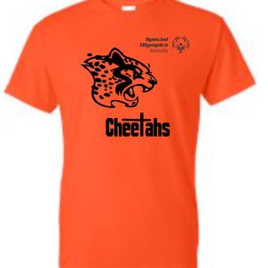 Louisville Cheetahs Orange T shirt G8000 with a black cheetah graphic and the word "cheetahs" in large letters; includes a "special olympics kentucky" logo on the upper right.