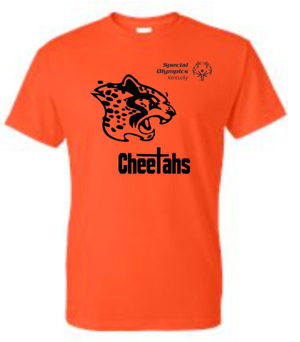 Louisville Cheetahs Orange T shirt G8000 with a black cheetah graphic and the word "cheetahs" in large letters; includes a "special olympics kentucky" logo on the upper right.
