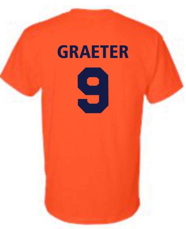 Louisville Cheetahs Orange T shirt G8000 sports jersey with the name "graeter" in blue letters and the number 9 on the back.