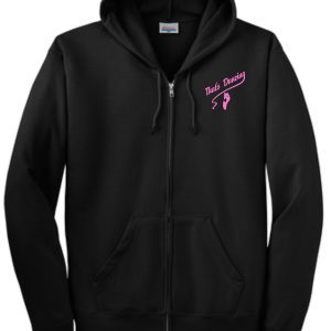 That's Dancing Black Full Zippered Hooded sweatshirt P180 with a zipper, featuring pink text "that's darling" and a ribbon design on the left chest area.