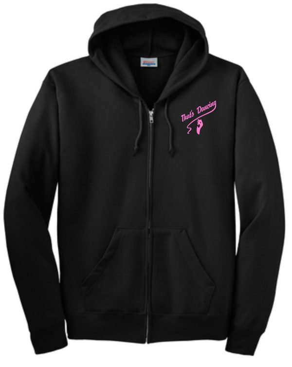 That's Dancing Black Full Zippered Hooded sweatshirt P180 with a zipper, featuring pink text "that's darling" and a ribbon design on the left chest area.