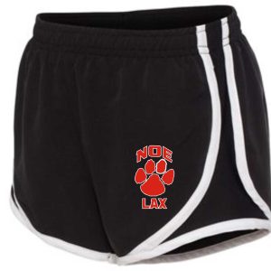 Black and white lacrosse shorts with logo.