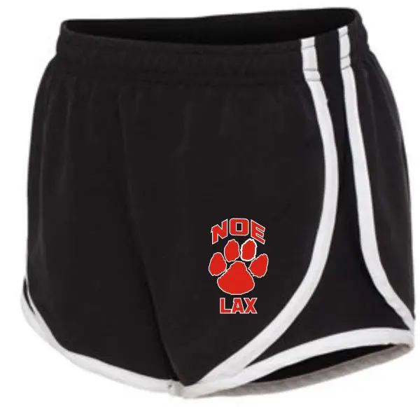 Black and white lacrosse shorts with logo.