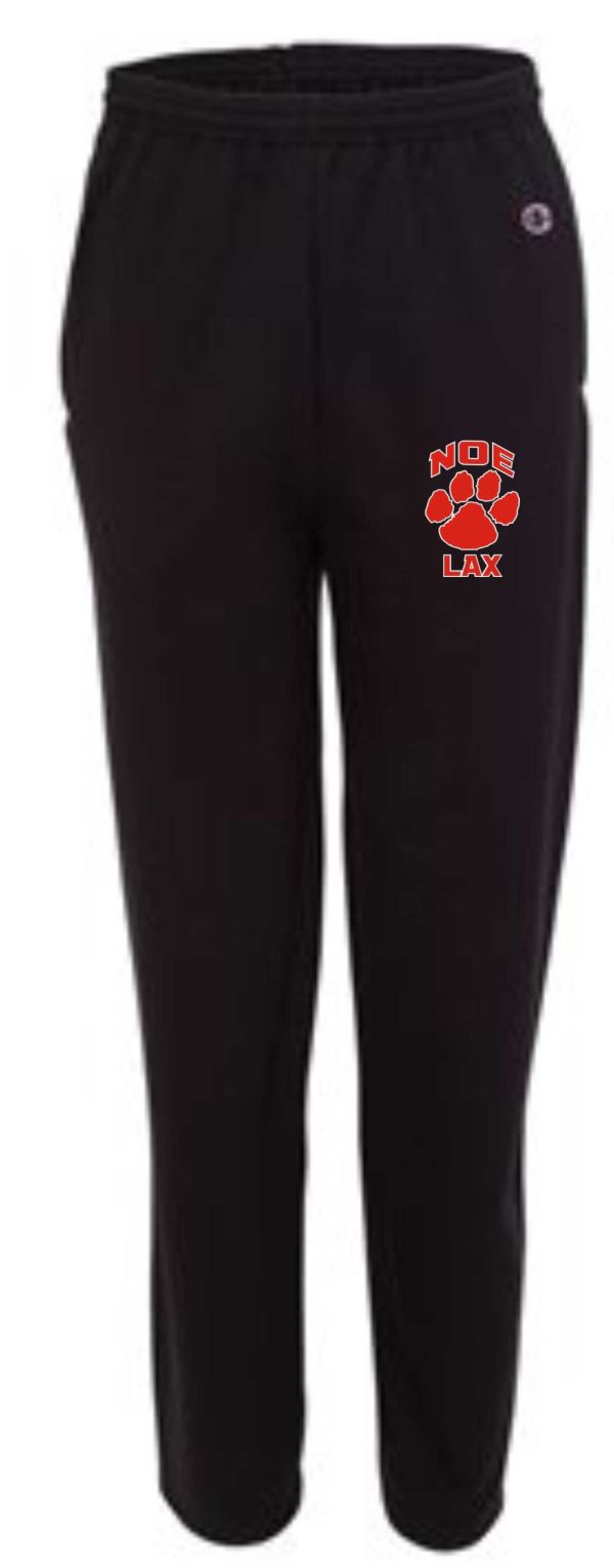 Black sweatpants with red NOE LAX logo.