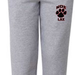 Gray sweatpants with a paw print logo.