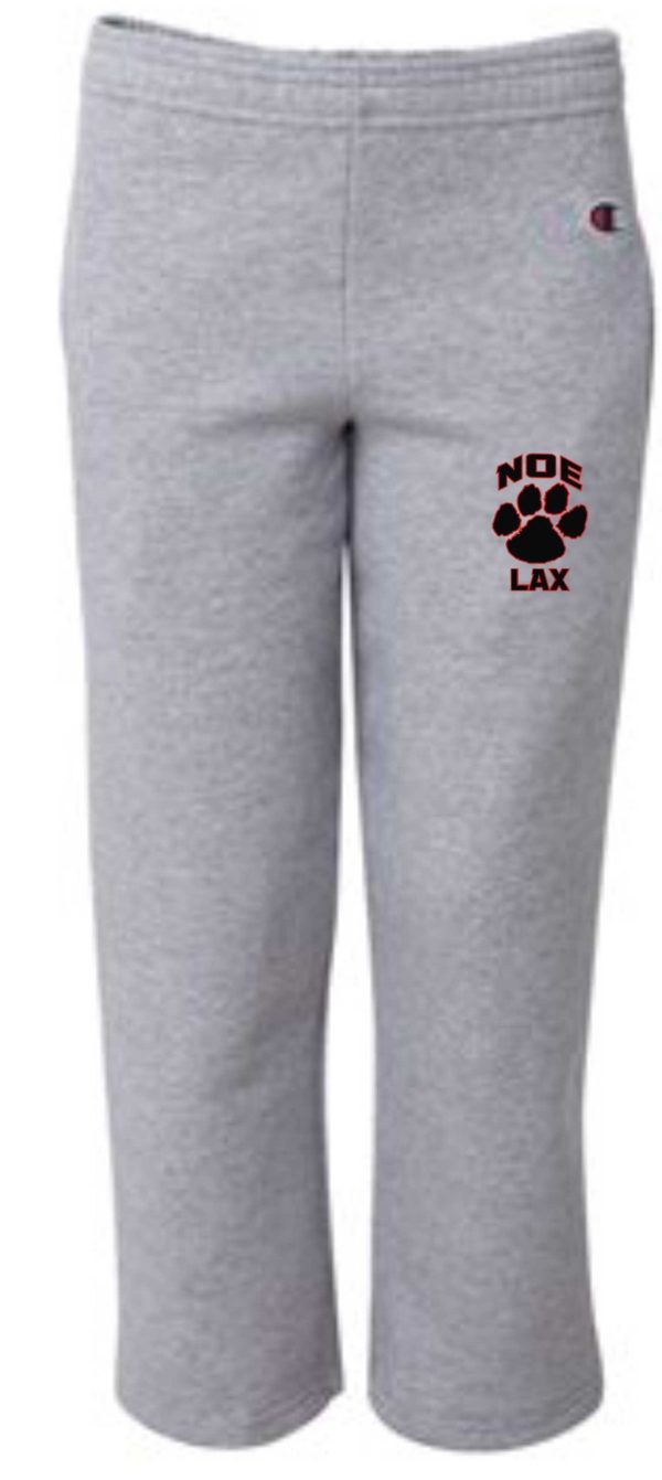 Gray sweatpants with a paw print logo.