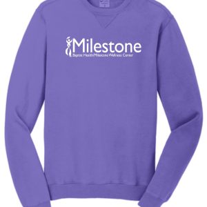 Purple sweatshirt with Milestone logo.