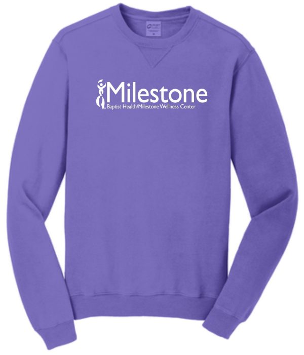 Purple sweatshirt with Milestone logo.