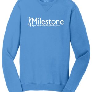 Blue long-sleeve sweatshirt with Milestone logo.