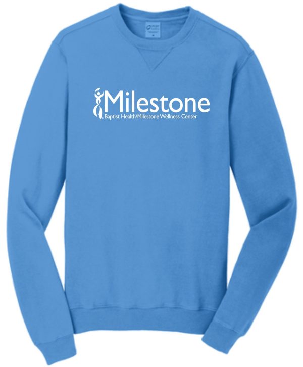 Blue long-sleeve sweatshirt with Milestone logo.