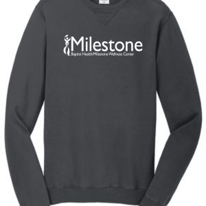 Gray sweatshirt with Milestone logo.