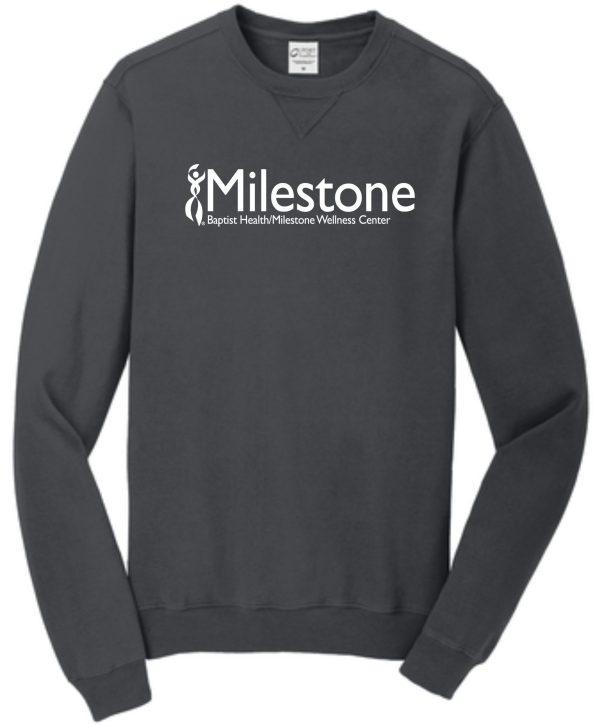 Gray sweatshirt with Milestone logo.