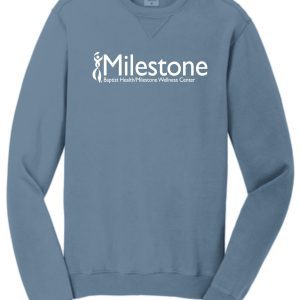 Blue long-sleeve sweatshirt with "Milestone" logo.