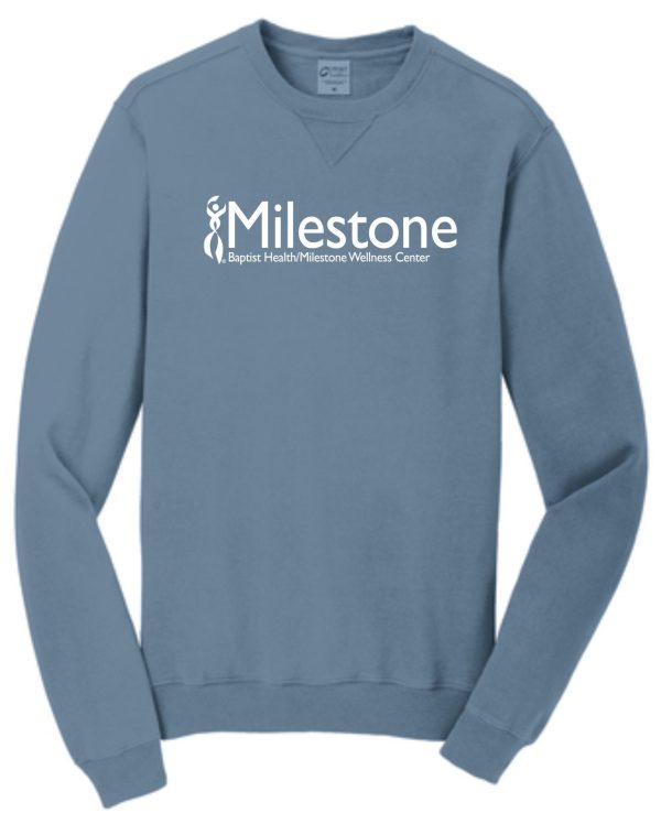 Blue long-sleeve sweatshirt with "Milestone" logo.