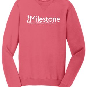 Pink sweatshirt with Milestone logo.