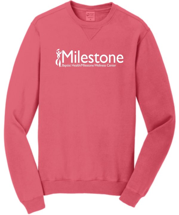 Pink sweatshirt with Milestone logo.