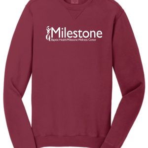 Red long-sleeved sweatshirt with Milestone logo.