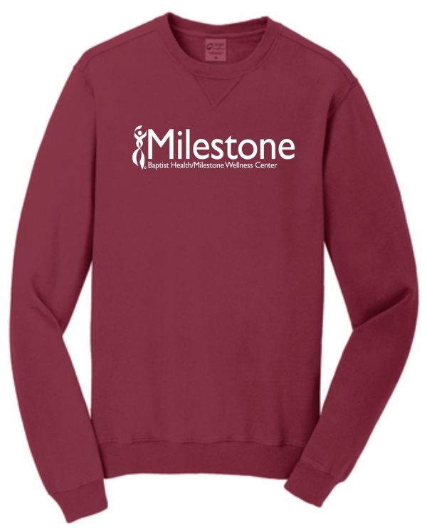 Red long-sleeved sweatshirt with Milestone logo.