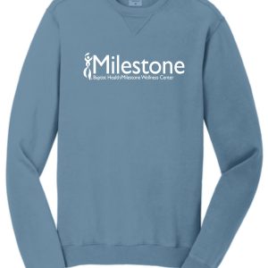 Blue Milestone Wellness Center sweatshirt.