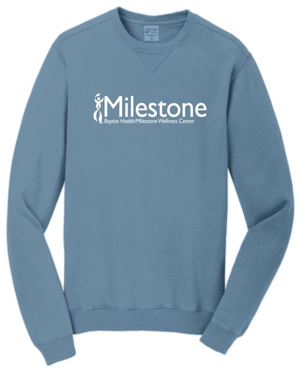 Blue Milestone Wellness Center sweatshirt.