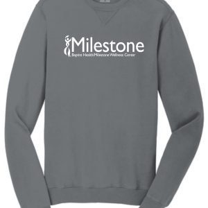 Gray sweatshirt with Milestone logo.