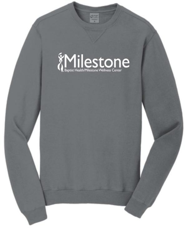 Gray sweatshirt with Milestone logo.