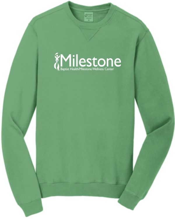 Green Milestone Wellness Center sweatshirt.