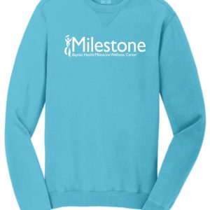 Blue sweatshirt with Milestone logo.